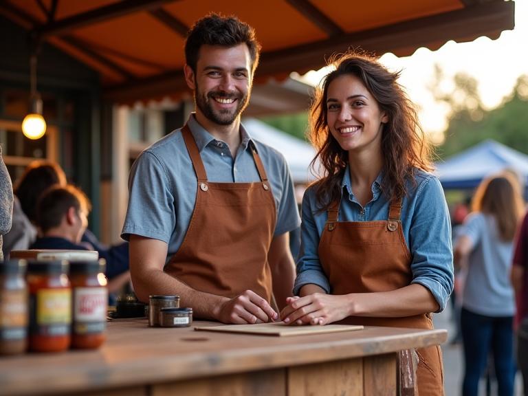 Two founders, Liam and Sarah, passionately discussing barbecue techniques at a bustling Vancouver farmers market booth, surrounded by their artisanal product displays.