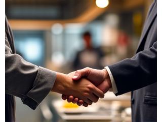 Image depicting two chefs shaking hands in a professional kitchen, symbolizing a culinary partnership.