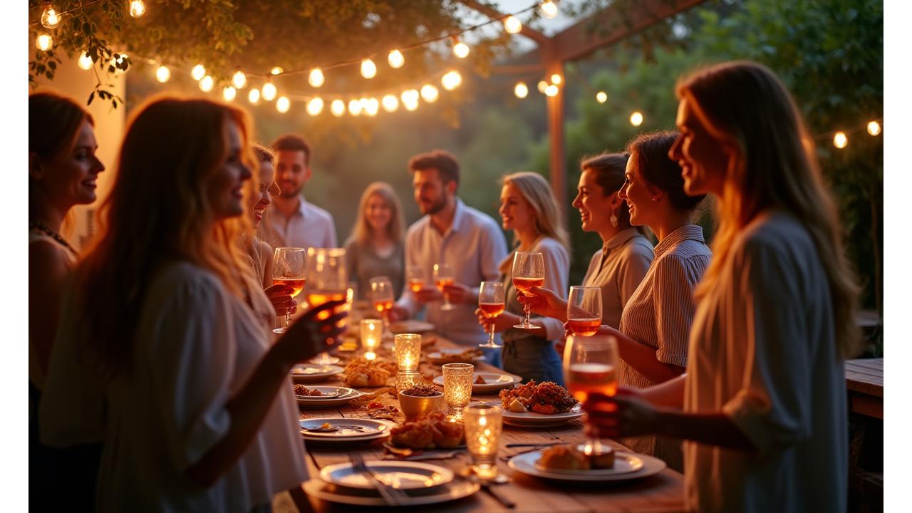 A vibrant outdoor event with a professional BBQ setup, featuring guests enjoying gourmet food under warm string lights, embodying a successful, memorable gathering.