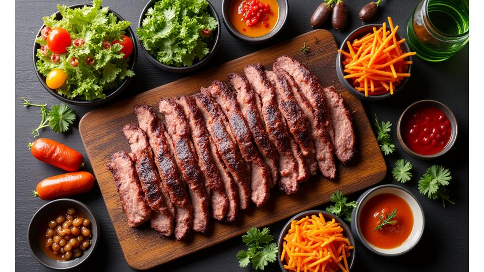 An overhead shot of a beautifully arranged gourmet BBQ spread with various grilled meats, fresh salads, and artisanal sauces, showcasing an expertly planned event menu.