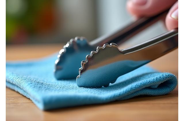 A pair of stainless steel grilling tongs being wiped clean with a microfiber cloth, emphasizing care and maintenance.
