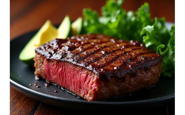 A sizzling steak rubbed with deep, rich spices, next to a bowl of fresh avocado and leafy greens, representing a keto-friendly meal.