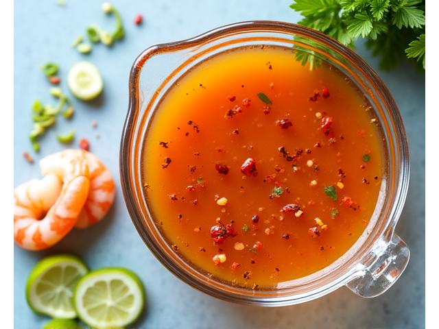 Bowl of Pacific Heat marinade with shrimp and fresh ginger