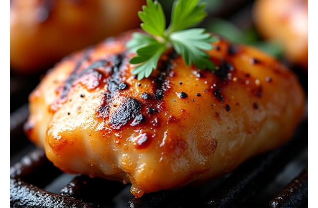Crispy-skinned grilled chicken thigh with herbs and spices.