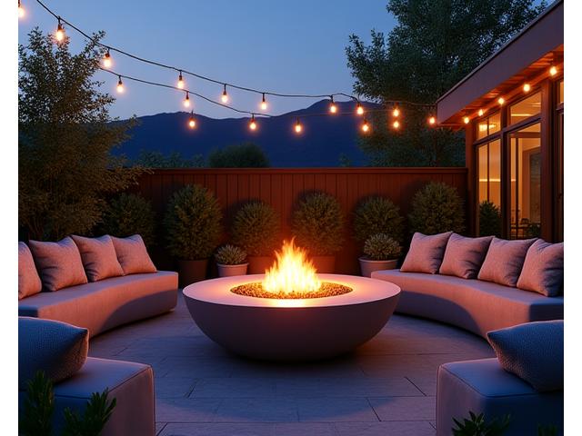A cozy outdoor living space at dusk, featuring a modern gas fire pit surrounded by comfortable seating, ambient string lights, and lush greenery.