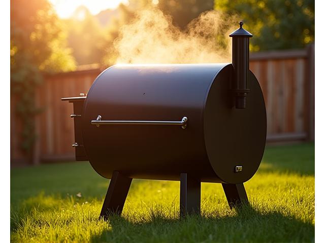 A large, professional-grade pellet smoker billowing aromatic smoke into a pristine backyard setting.