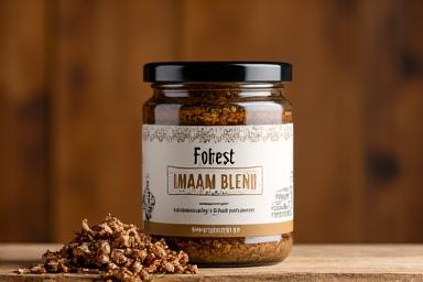 Jar of 'Forest Umami' mushroom rub with earthy tones.