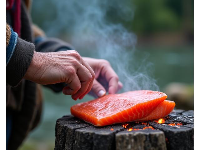 Indigenous elder smoking fish over an open fire, traditional style.